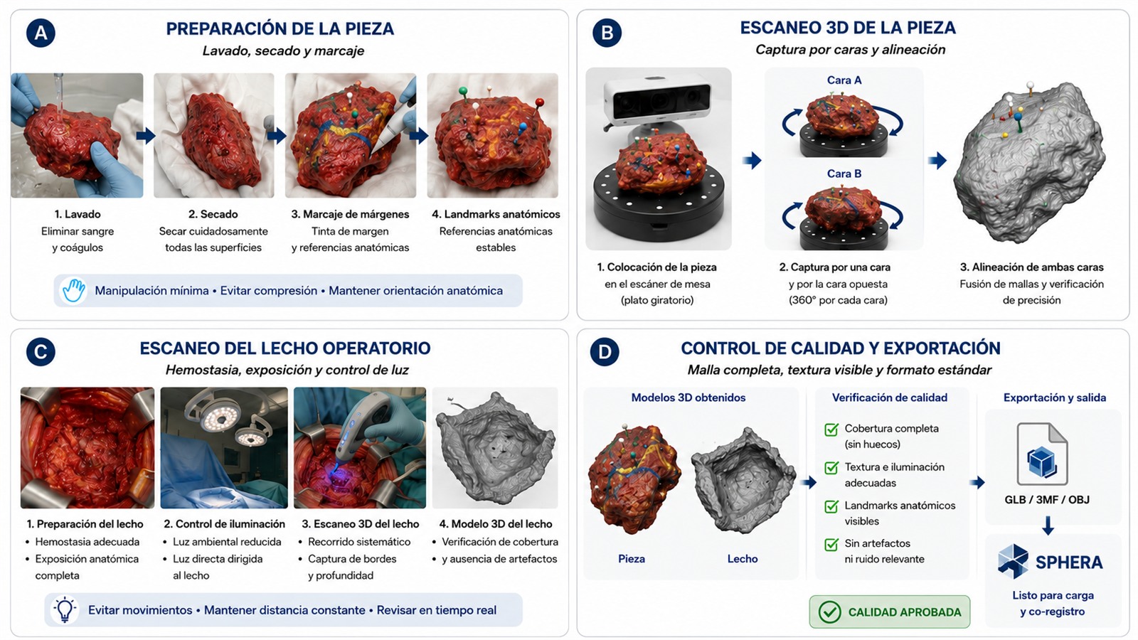 Protocolo de escaneo de pieza y lecho: preparación de la pieza, escaneo 3D de la pieza, escaneo del lecho operatorio y control de calidad con exportación a SPHERA.